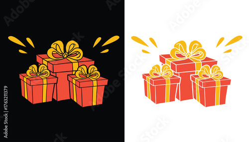 Vector image of a festive birthday gift box logo variation with beautiful shapes and colors for design needs with a choice of black and white backgrounds.