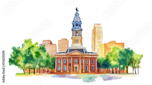 Independence Hall and Liberty Bell. Independence Hall and Liberty Bell hand drawn watercolor illustration