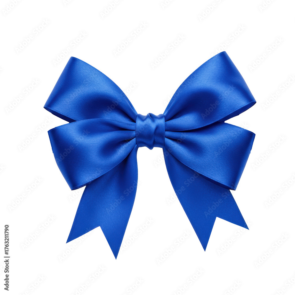 Naklejka premium Vibrant royal blue satin bow, perfectly tied with intricate folds and elegant flowing ribbons, luxurious glossy texture, isolated on a seamless transparent background with copy space, concept of