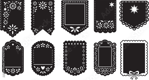 Cinco de Mayo Papel  Picado collection. Floral paper-cut banner designs with empty space for festive decoration. eps