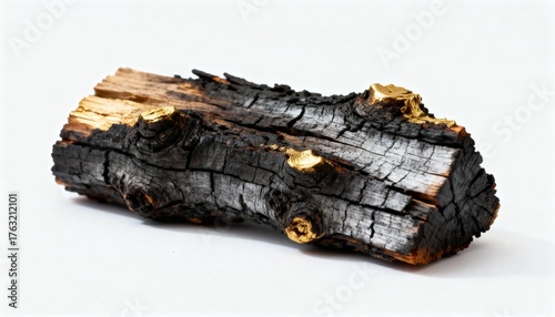 Charred wooden log art piece with elegant golden accents