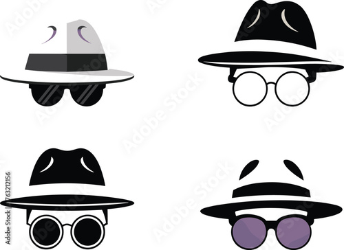 Incognito character vector set, stylized spy icons with hats and sunglasses, anonymity and privacy concept illustration for print, merchandise, tech, branding