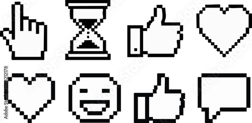 Set of pixelated social media and website icons, including thumbs up, heart, and smile emoticons