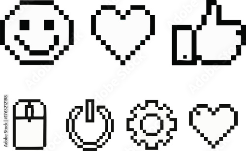 Pixel art icon set for digital and social media interfaces. Features retro-style symbols smile, heart, thumbs up, mouse, power, and settings, perfect for vintage graphic design