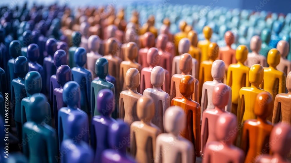 Obraz premium A vibrant array of colorful wooden figures stands in rows, symbolizing diversity and unity among people.