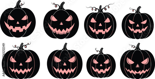 Jack-o'-lantern vector set, black pumpkins with glowing faces, spooky Halloween expressions, festive silhouette icons, eerie graphic, stock illustration