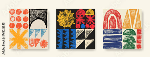 Colorful geometric shape set in retro mid-century and childish style. Abstract vector vibrant mosaic elements, stars and sparks for modern trendy design, posters, covers, cards and creative decoration