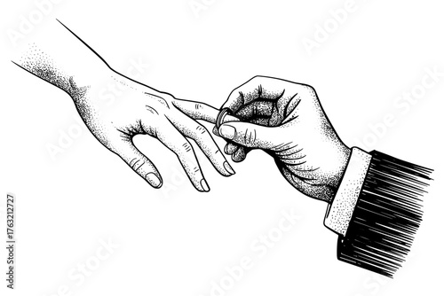 a hand placing a ring on another hand’s finger, symbolizing love, marriage, or engagement.