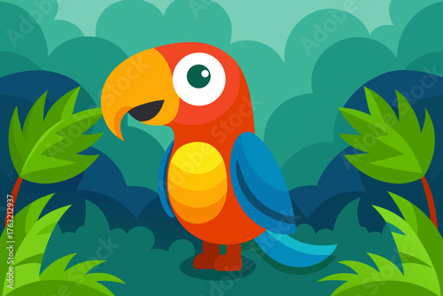 A cartoon tropical jungle background with a parrot vector illustration