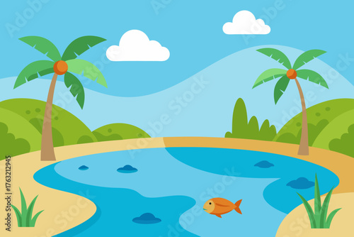 A vibrant cartoon scene of a tropical lagoon with fish vector illustration