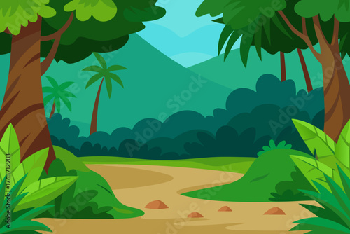 A lush cartoon scene of a tropical rainforest floor vector illustration