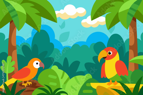 A cartoon tropical rainforest background with a parrot vector illustration