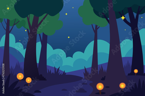 A magical cartoon scene of a twilight forest with fireflies vector illustration