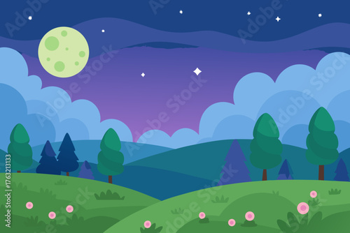 A serene cartoon scene of a twilight meadow with stars vector illustration