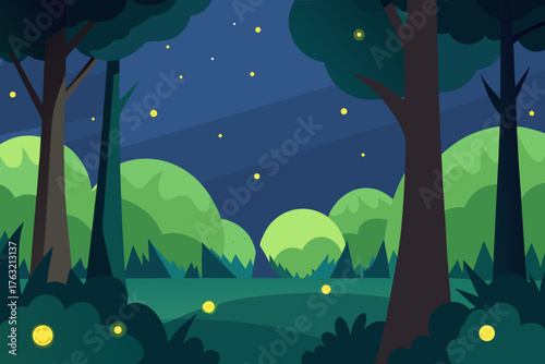 A simple cartoon of a twilight forest with fireflies vector illustration