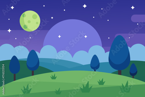 A simple cartoon of a twilight meadow with stars vector illustration