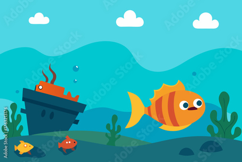 A cartoon underwater shipwreck background with fish vector illustration