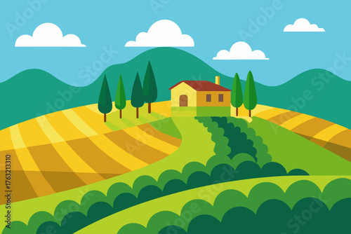 A scenic cartoon scene of a vineyard on a hillside vector illustration