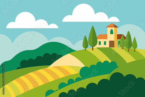 A cartoon illustration of a vineyard on a hillside vector illustration