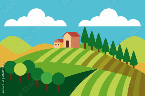 A simple cartoon of a vineyard on a hillside vector illustration