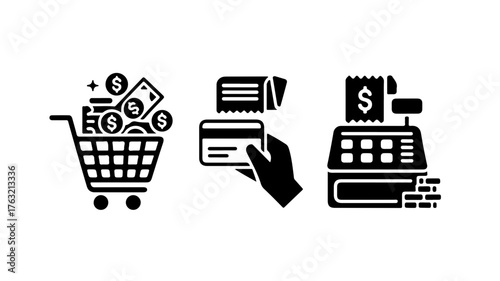 Illustrations of a shopping cart with money, a hand holding a credit card with a receipt, and a cash register for financial transactions and retail