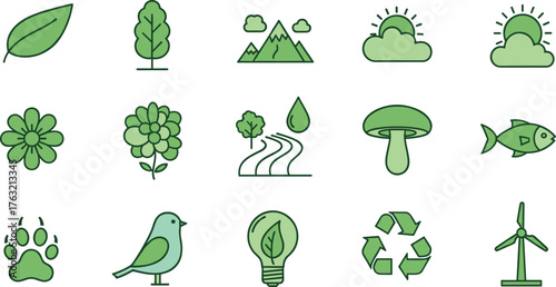 Nature icon set, green theme, eco-friendly symbols, leaf, tree, sun, recycling, wind energy, wildlife, sustainability, vector illustration, minimal design