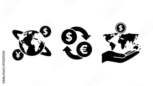 Illustrations of global finance, currency exchange, and international investment for worldwide economic activity and financial transactions