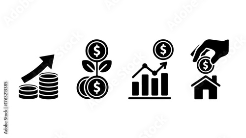 Investment growth icons set of coins with arrow up, plant growing from coins, bar graph with arrow up, and hand putting coin into house symbol of financial success