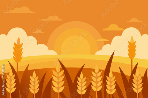 A simple cartoon of a wheat field in a golden sunset vector illustration