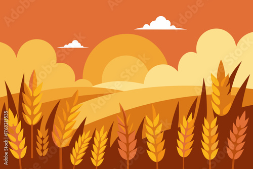 A beautiful cartoon scene of a wheat field in a golden sunset vector illustration