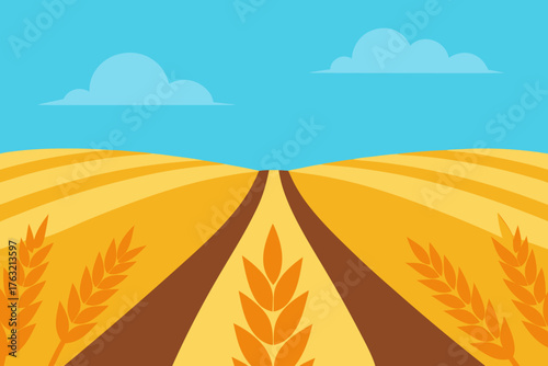 A cartoon illustration of a wheat field with tractor tracks vector illustration