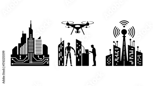 Smart city technology and innovation a futuristic cityscape featuring drones, robots, and advanced communication systems for a connected urban environment