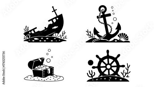 Set of nautical icons featuring a sunken ship, anchor, treasure chest, and ships wheel, perfect for illustrating maritime themes and adventures