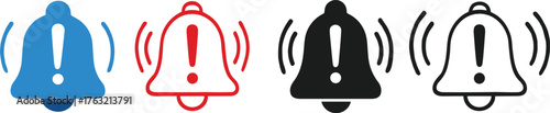 Notification bell icon set, alert symbol vector, exclamation mark design, blue red black gray ringing bells, UI interface graphic elements