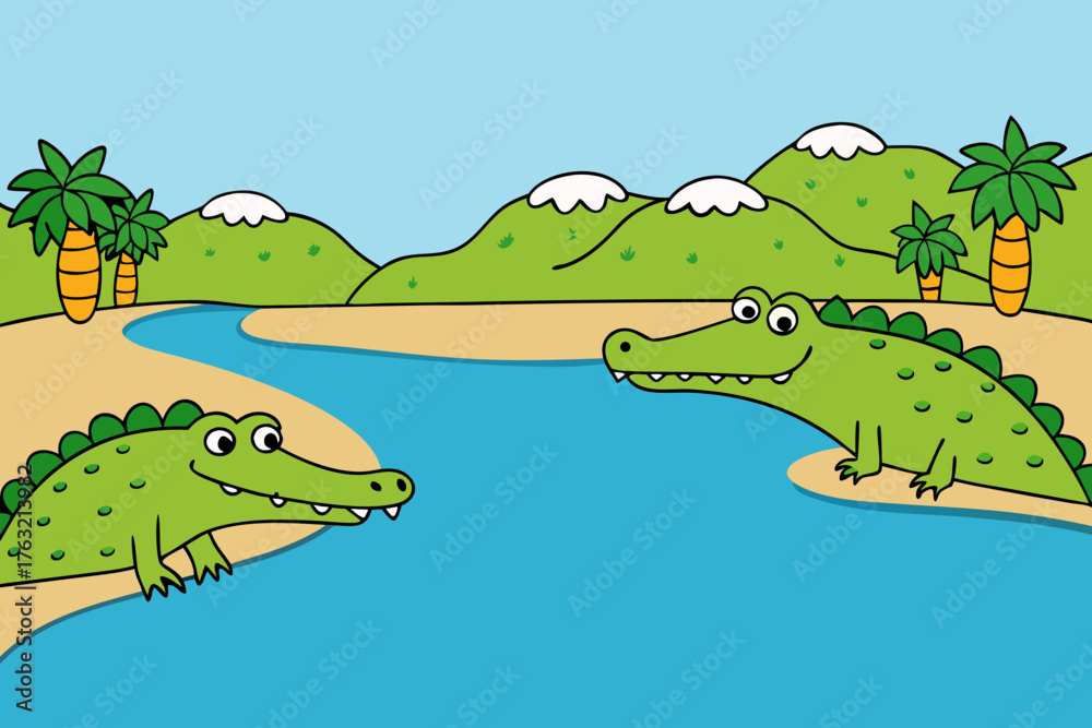 Fototapeta premium A vibrant cartoon illustration of crocodiles near a river vector illustration
