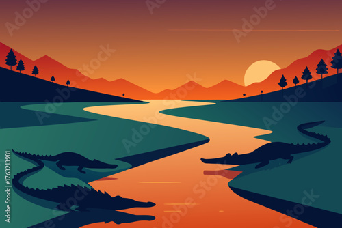 A detailed cartoon of crocodiles near a river vector illustration