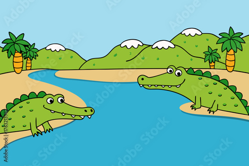 A vibrant cartoon illustration of crocodiles near a river vector illustration