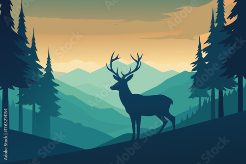 A cartoon illustration of deer in a forest clearing vector illustration