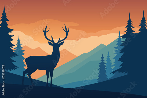 A peaceful cartoon of deer in a forest clearing vector illustration