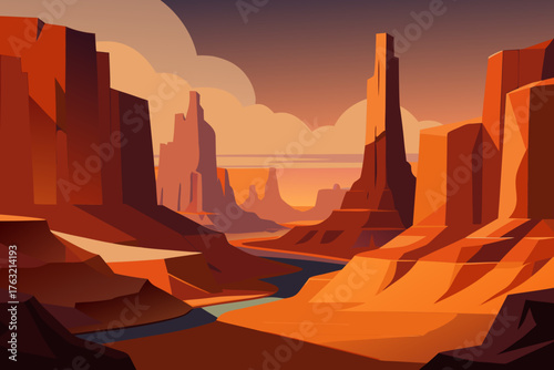 A simple cartoon of a desert canyon with rock formations vector illustration