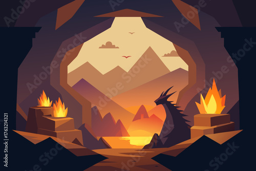 A simple cartoon of a dragon's cave with treasure piles vector illustration