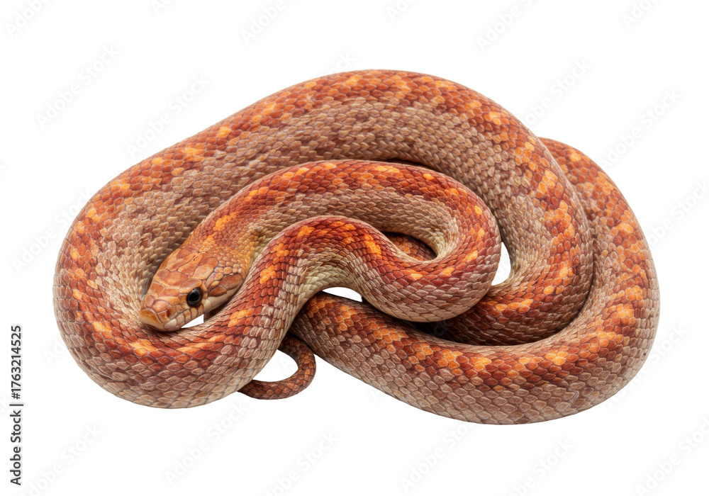 Obraz premium Isolated orange corn snake curled up on seamless backdrop in studio, detailed scales close-up