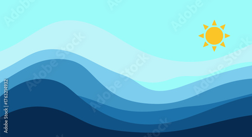 Stylized seascape with sunlight and layered ocean waves background