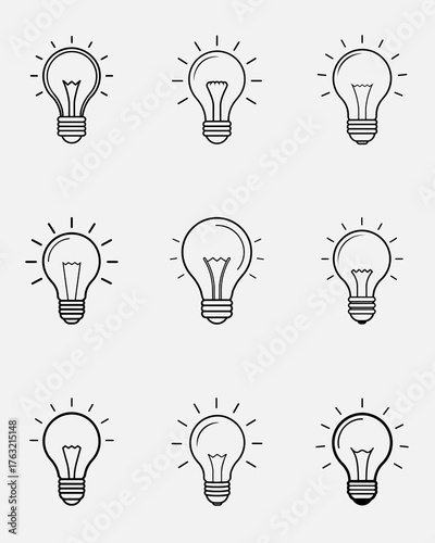 Set of light bulb icons symbolizing ideas, innovation, and creativity. Simple black silhouette style design representing inspiration, knowledge, and bright thinking concepts.