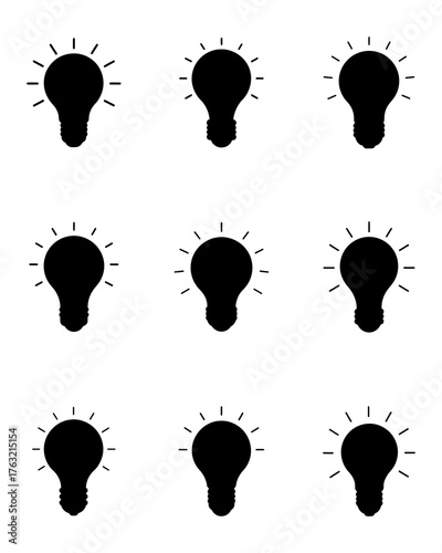 Set of light bulb icons symbolizing ideas, innovation, and creativity. Simple black silhouette style design representing inspiration, knowledge, and bright thinking concepts.