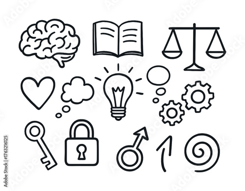 Doodle icon set: brain, book, scales, heart, lightbulb, key, lock, gears, gender, arrow, spiral