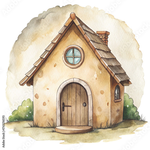 Whimsical watercolor illustration of a tall crooked fantasy house with multiple uneven roofs