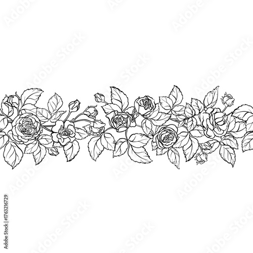 Rose Branch with Flowers and Leaves Outline Horizontal Seamless Pattern. Vector isolated for design or decoration.