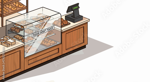 Bakery counter display with assorted pastries and cash register  