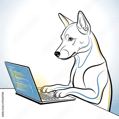 Clever canine employee sitting at a desk using a computer.